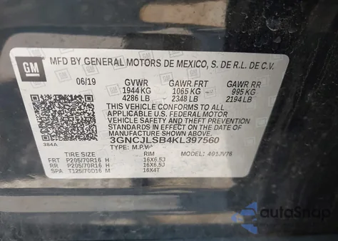 2019 Chevrolet Trax Lt из США, поврежденный, VIN 3GNCJLSB4KL397560